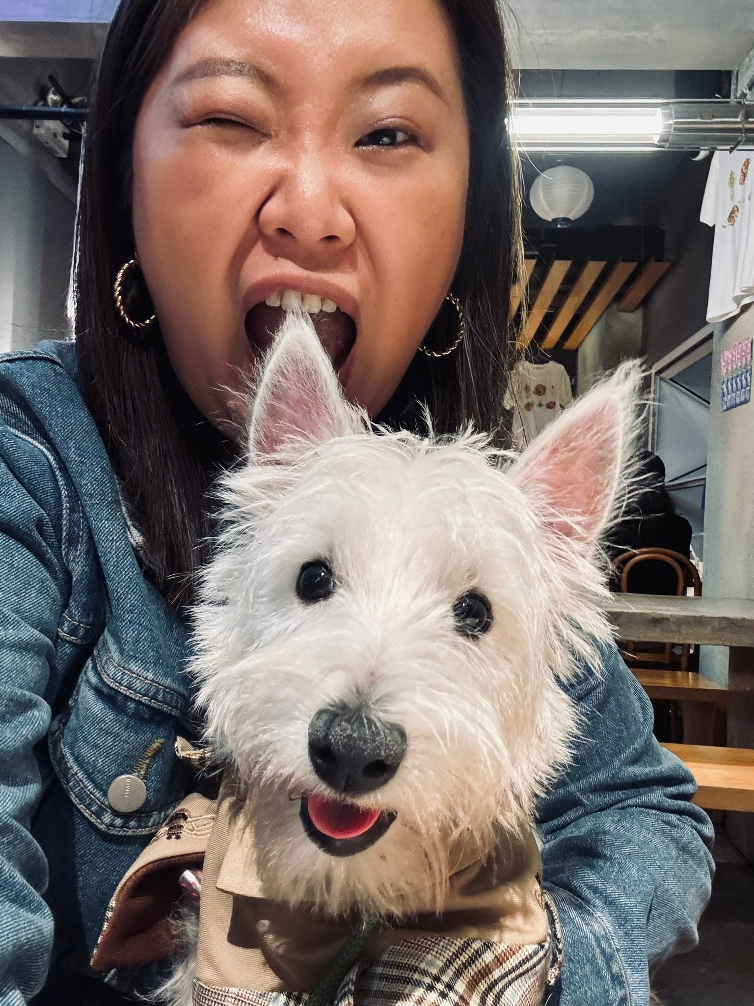 Tina with a white dog